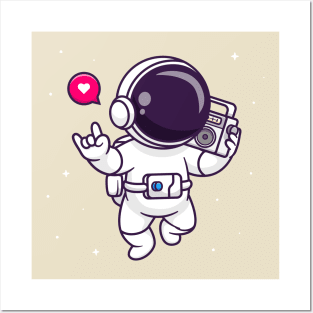 Cute Astronaut Listening Boombox In Space Cartoon Posters and Art